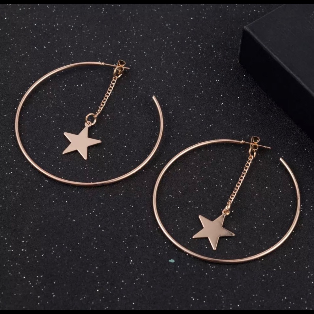 Gold tone stars hoop boho statement earrings new